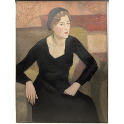 Irene Wyatt (British 1903-1987): Lady with a Green Earring, believed to be Merula Salaman, oil on canvas signed 102cm x 76cm 
Notes: this is possibly Wyatt's painting shown at the New English Art Club in in 1932 no.101; Salaman was the first wife of Sir Alec Guinness.