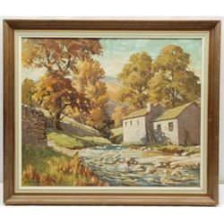 J Burton (British 20th century): Whitby from Lythe Bank, oil on board signed 49cm x 59cm; William Shone (British 20th century): 'Autumn Morning Cray Wharfedale', oil on board signed, titled verso on artist's studio label 49cm x 59cm (2)