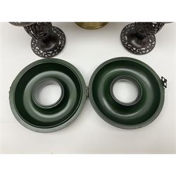 Chinese green lacquered ring shaped jewellery box decorated with children playing D19cm; pair of Chinese pierced bronze pricket candlesticks; and large Chinese brass pedestal bowl (4)