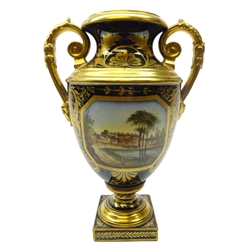  19th century Continental two-handled porcelain vase, urn form with painted scene of a stately home, H30cm  