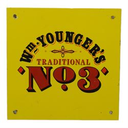 Wm Younger's No. 3 wooden advertising plaque, together with metal advertising sign and a framed poster 