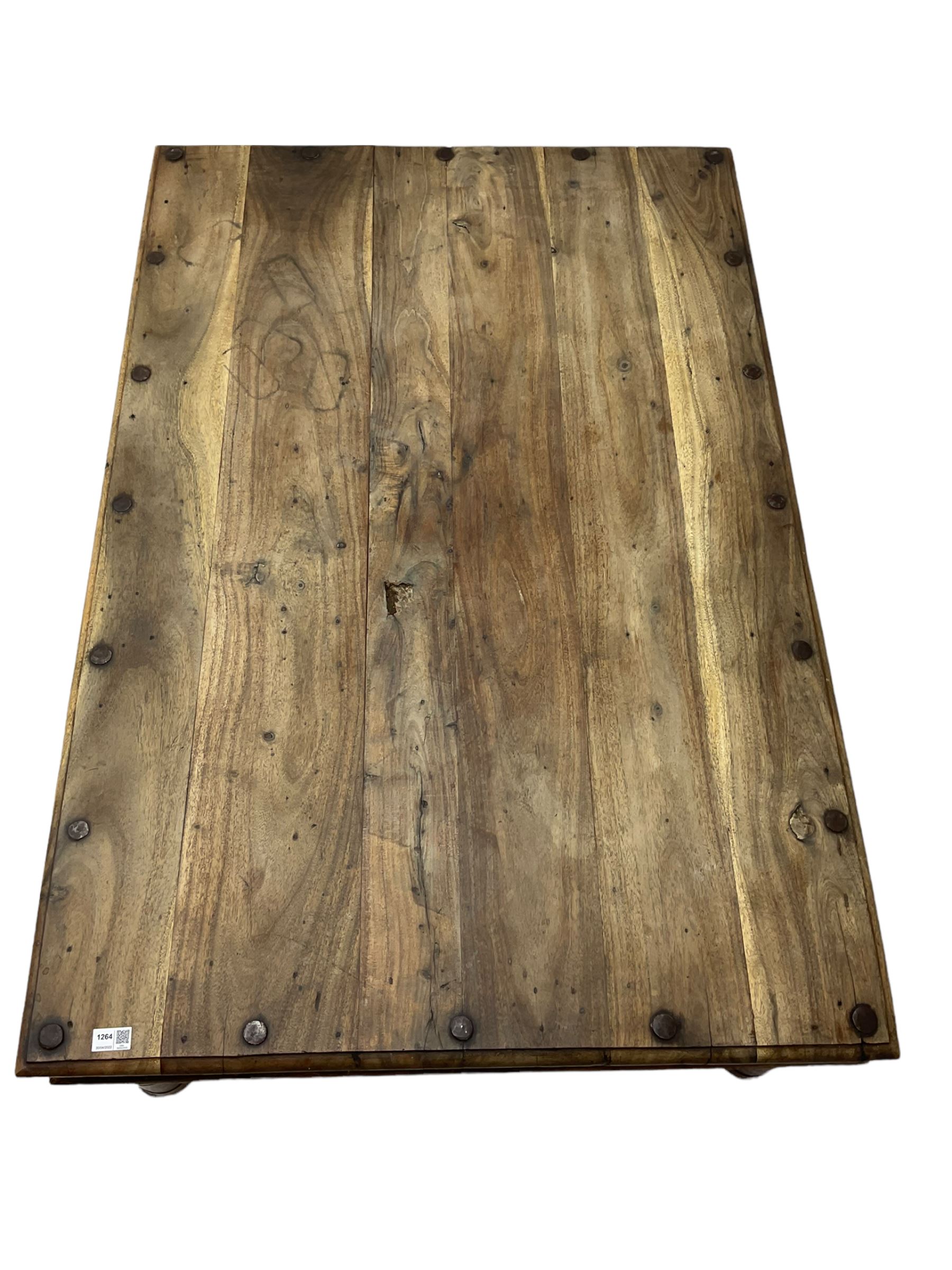 Mexican pine rectangular coffee table, metal strap-work, turned legs