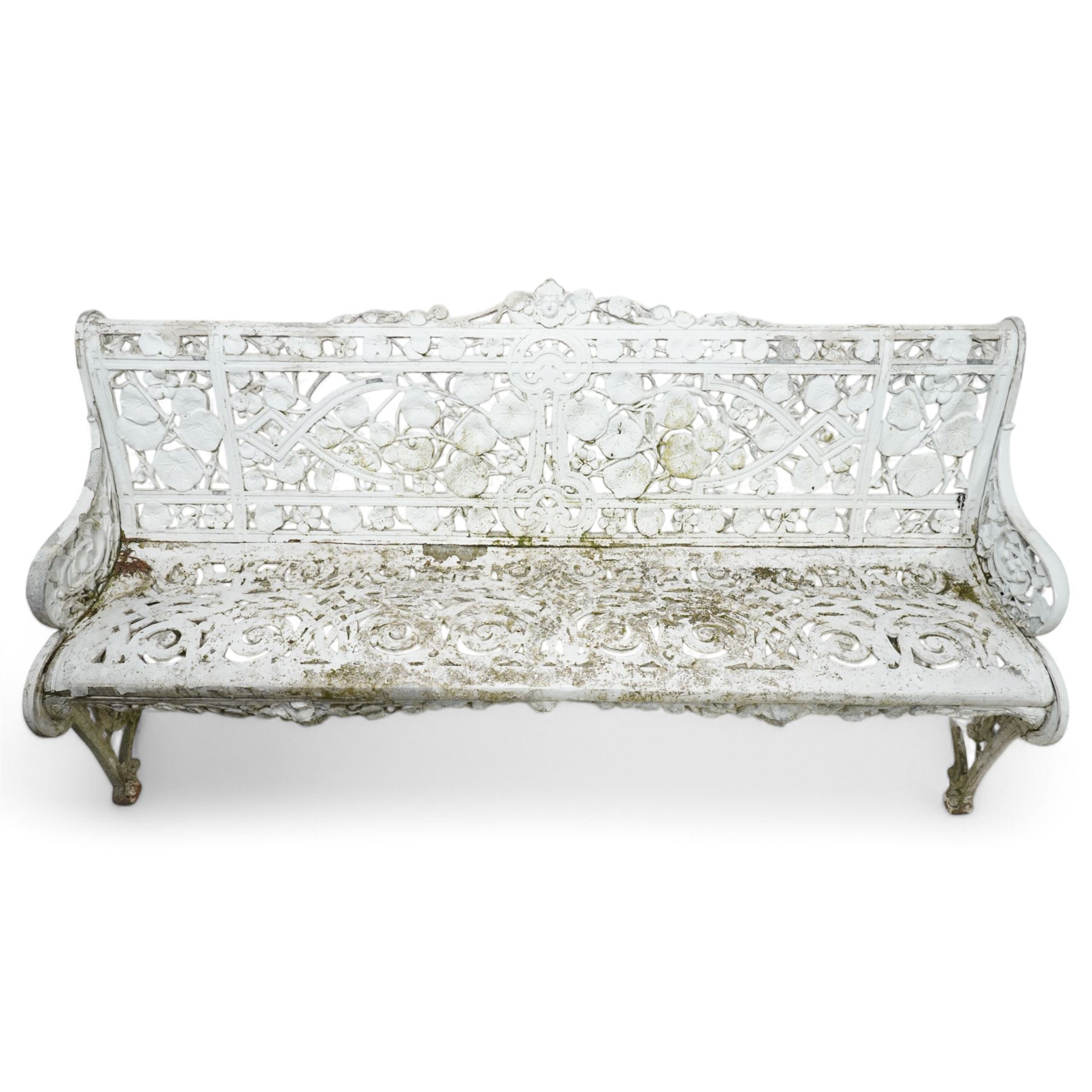 Coalbrookdale design - early 20th century cast aluminium Nasturtium pattern bench, white painted cast aluminium frame and seat, the pediment with a central female mask flanked with extending leafage, the back and seat with scrolling lattice design and interspersed Narsturtium leaves, flanked shaped arm terminals over splayed supports
