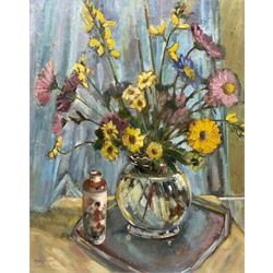 Margaret Micklethwaite (British fl.1966): Still Life of Flowers in a Vase, oil on board signed 49cm x 39cm