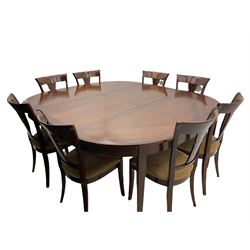 Grange Furniture - cherry wood finish oval extending dining table on square tapering supports, and a set of eight dining chairs with curved backs and upholstered seats 