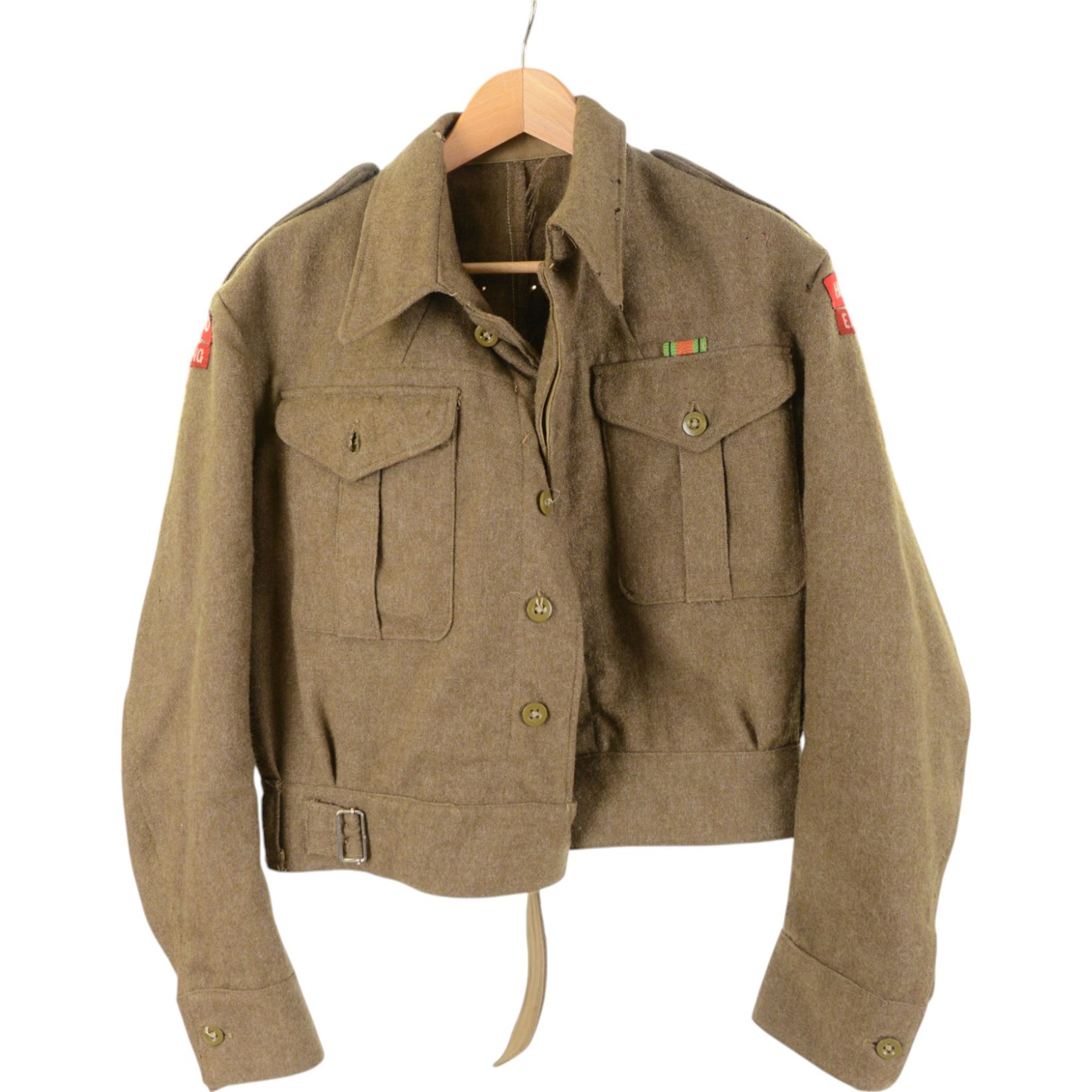 British military Royal Engineers tunic with with applied bullion thread embellishment and black accents on cuffs and collar, together with reenactment uniform for the East Riding home guard  