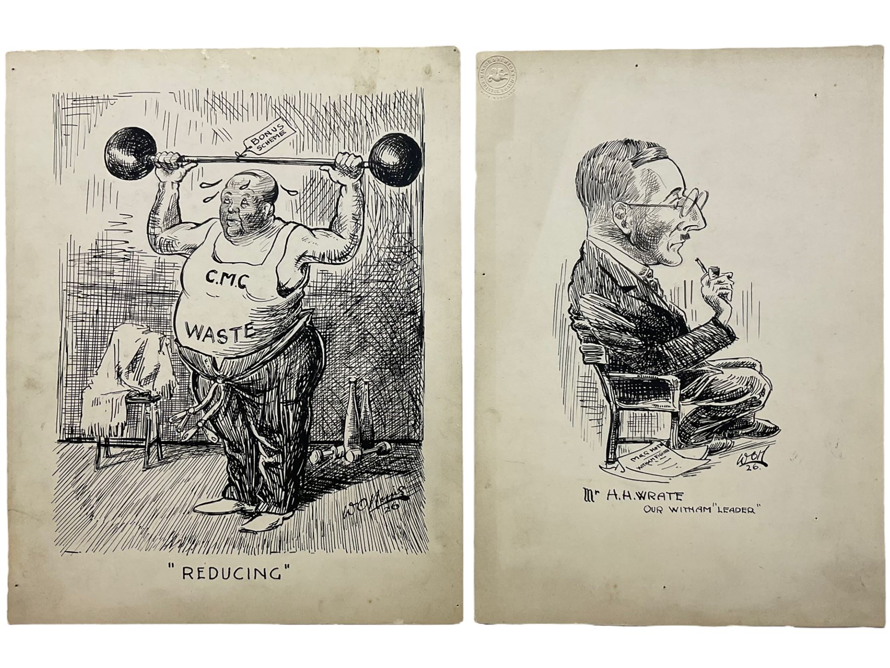 William O Norris (British 19th Century) - Large folio of humorous pen and ink illustrations for Crittall Magazine and other original works to include various advertisement drafts for Eastern National and Marconis Wireless Telegraph Company, mostly dated '25, and a photograph of the artist at work max 36cm x 46cm 