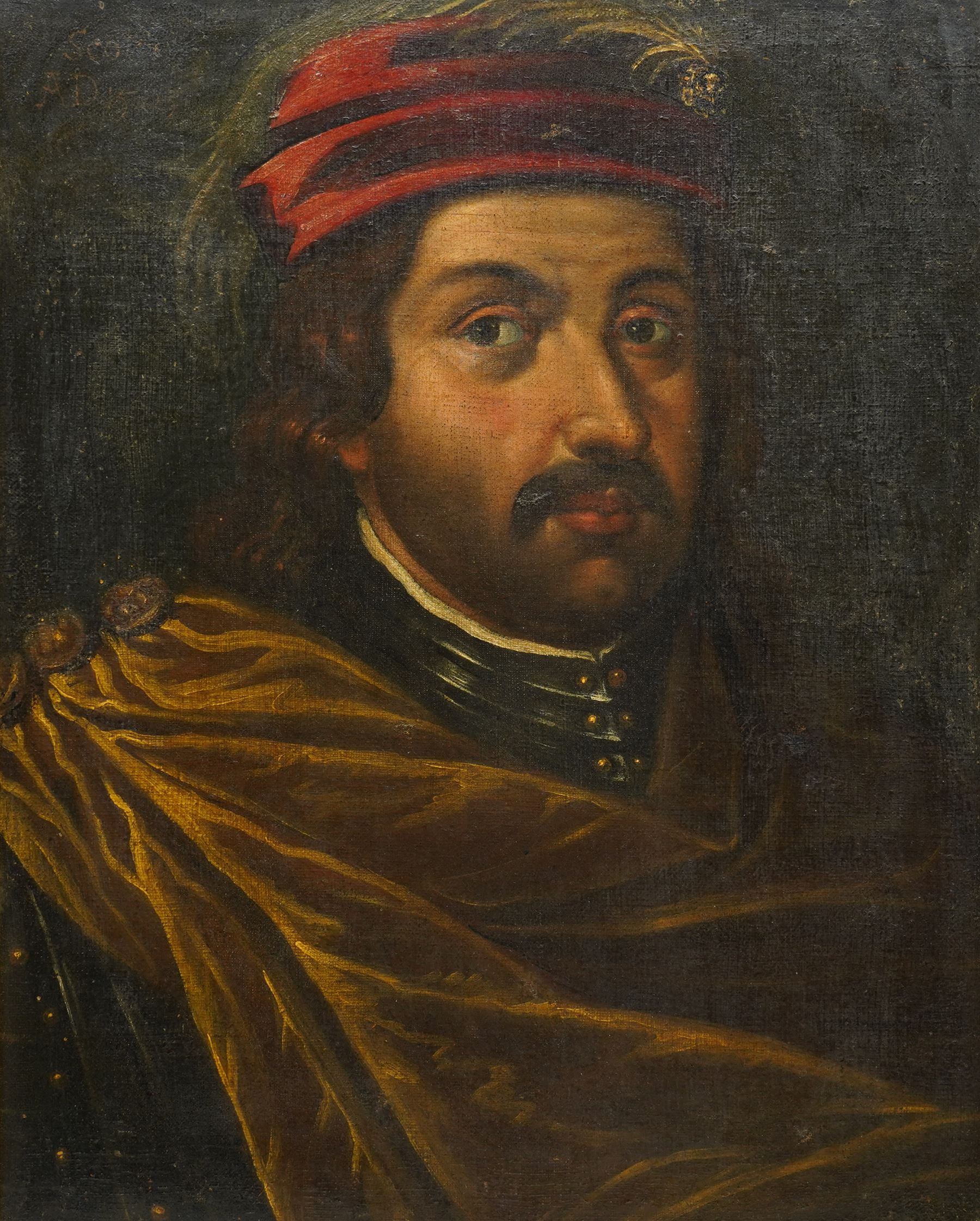 English School (18th century): Portrait of a Gentleman in Historical Scottish Military Costume wearing a Gorget and 'Tam o' Shanter', oil on canvas inscribed 'SCOT A.D. 1532', 53cm x 41cm