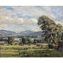 Herbert F Royle (British 1870-1958): Pastoral River Valley with Sheep and Horses Grazing, oil on canvas signed 50cm x 60cm