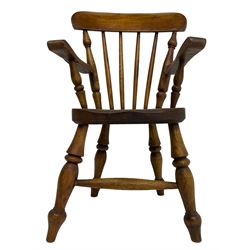 19th century elm and beech child's farmhouse chair, shaped cresting rail over stick back, on turned supports 