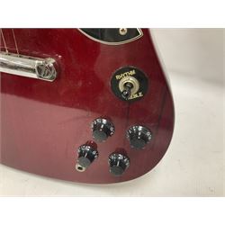 Vintage VS6M Reissued Series six string electric guitar, with solid body in cherry red finish, in carrying case, guitar L103cm