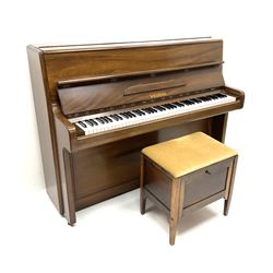 Welmar upright walnut cased, cast iron over strung piano (W145cm, D57cm, H110cm), together with piano stool (W52)