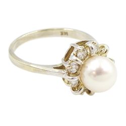 14ct gold cultured pink / white pearl and round brilliant cut diamond cluster ring, stamped, total diamond weight approx 0.40 carat