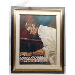 Jill Coughlan (British Contemporary): The Pianist, oil on board signed 75cm x 55cm