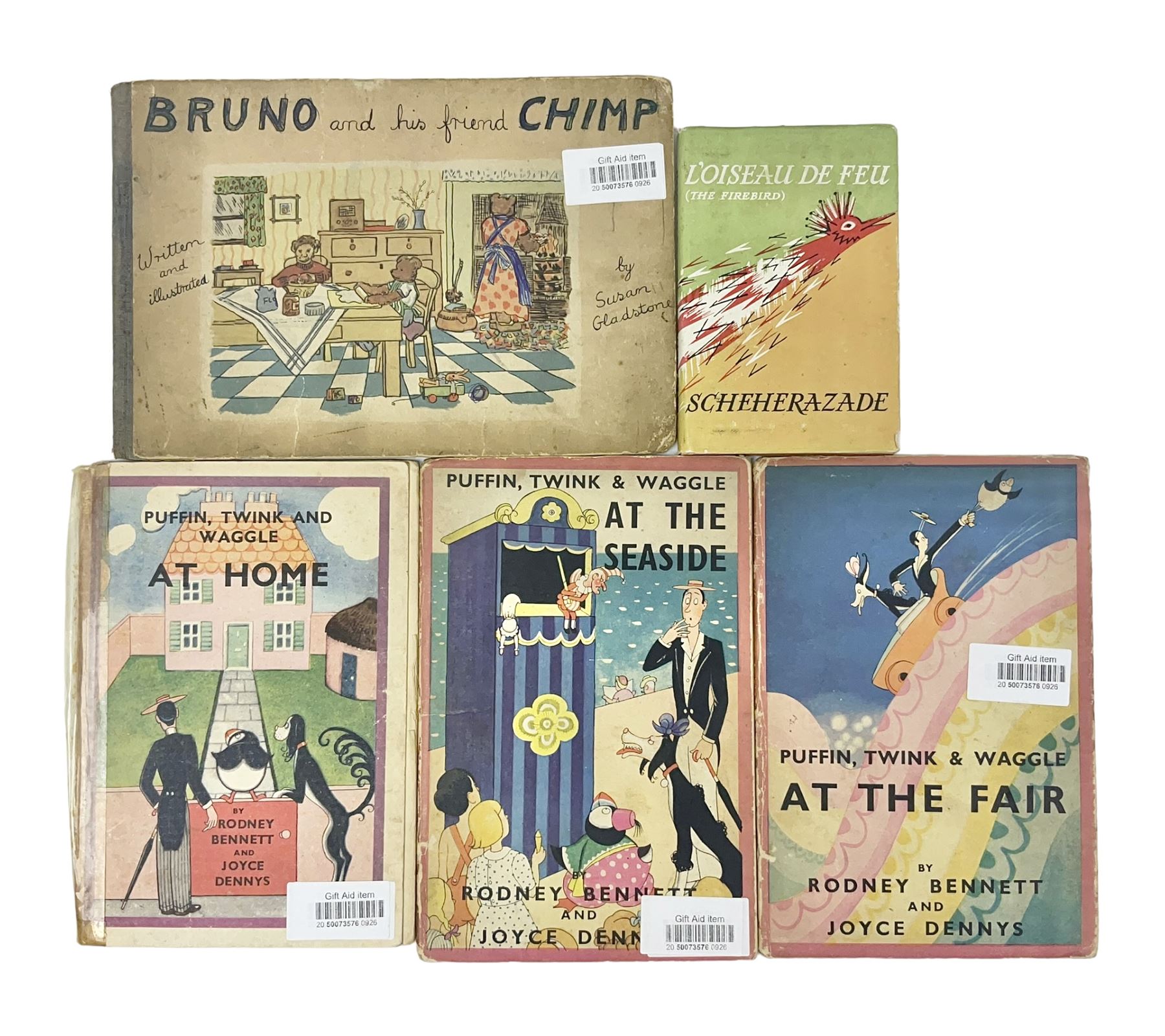 Joyce Dennys, Puffin Twink & Waggle 'at the seaside', 'at the fair' and 'at home', together with Susan Gladstone 'Bruno and His Friend Chimp' and L'Oiseau de Feu (Firebird) 'Scheherazade'