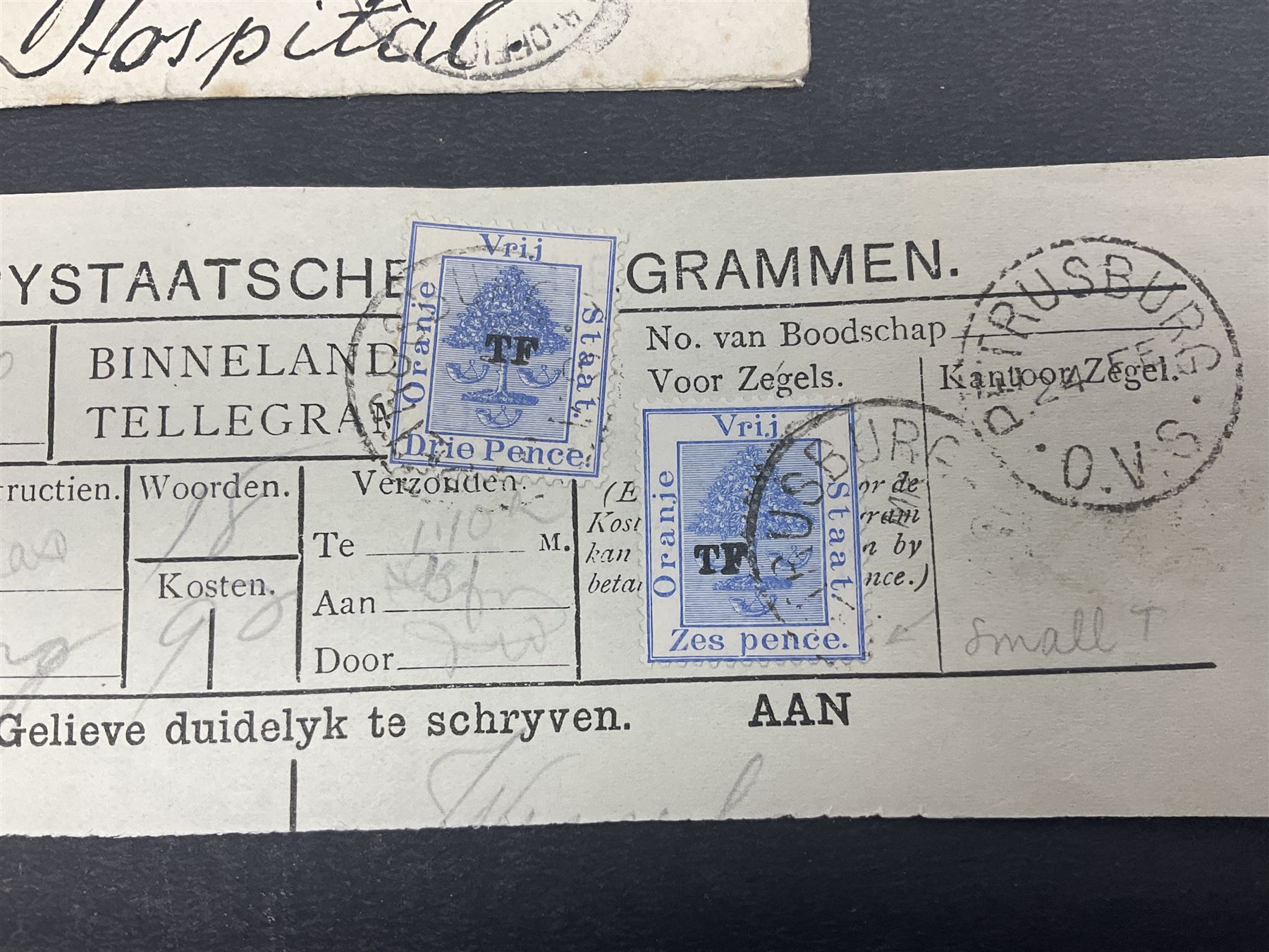 South Africa, Orange Free State, partial cover with one penny stamp cancelled with various postmarks 'Stopped By Censor Return To Sender' purple rectangular stamp and 'V R Opened Under Martial Law' pink slip and three telegrams with various stamp values