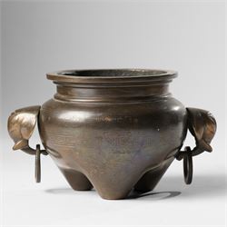 Chinese bronze tripod censer, of squat globular form, the body decorated with a band of Gr...