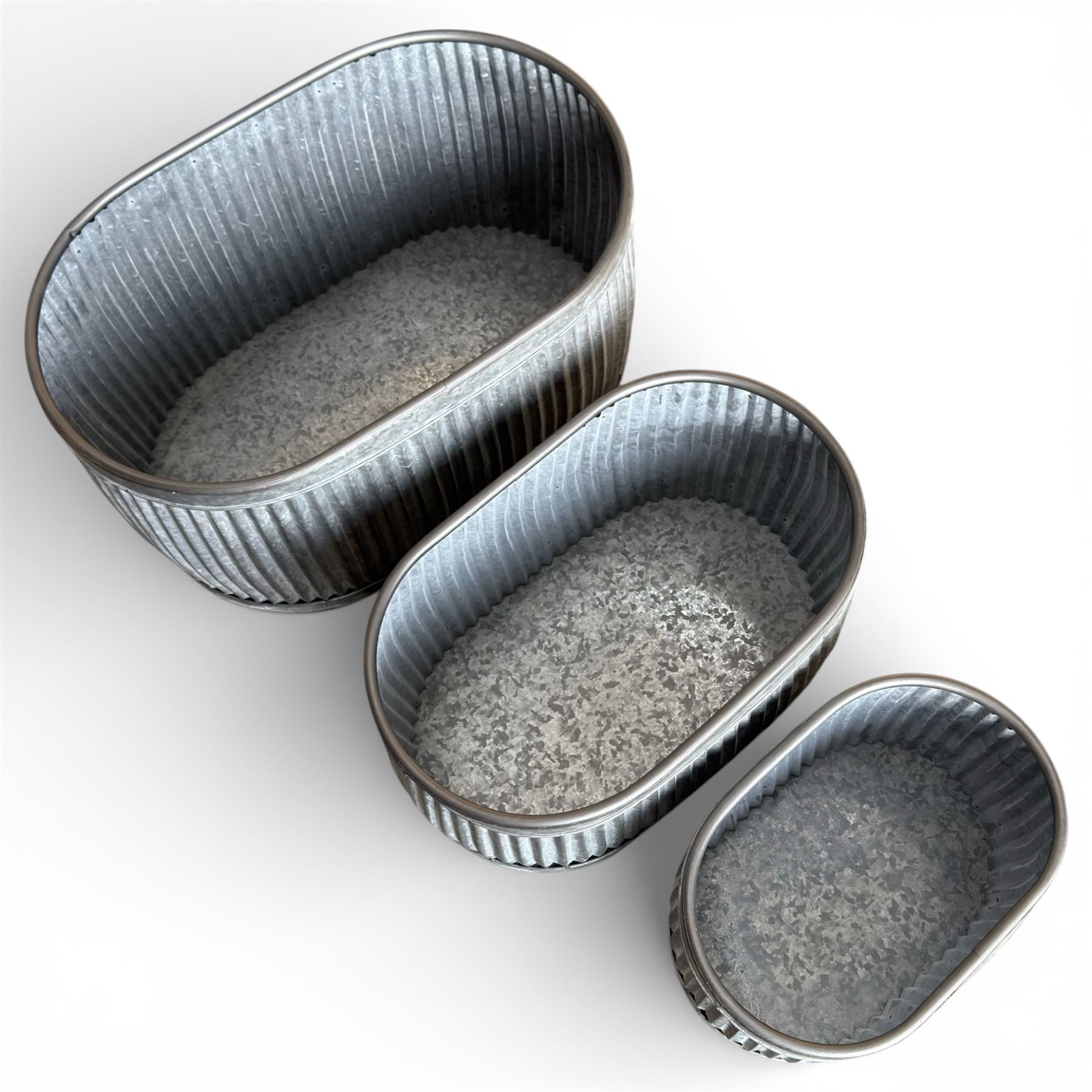Set Of 3 galvanised oval planters