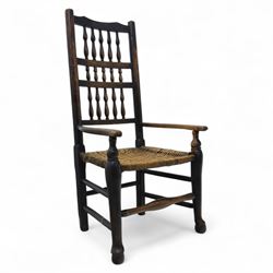 19th century country elm spindle back armchair, shaped cresting rail over two rows of turn...