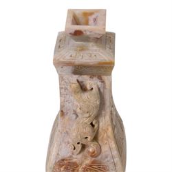 Chinese hardstone vase and cover, with lizard handles and decorated in relief, H23cm