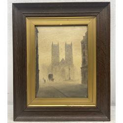 Attrib. Lionel Townsend Crawshaw (Staithes Group 1864-1949): 'Westminster Abbey - Fog' and Houses of Parliament, pair oils on canvas, one titled and signed with monogram max 27cm x 19.5cm (2)