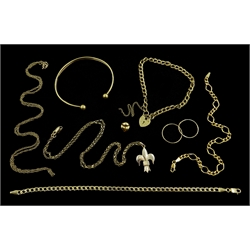 Gold Fleur de Lys pendant necklace, three gold bracelets and other gold jewellery, all hallmarked or stamped 375, 22.5gm  