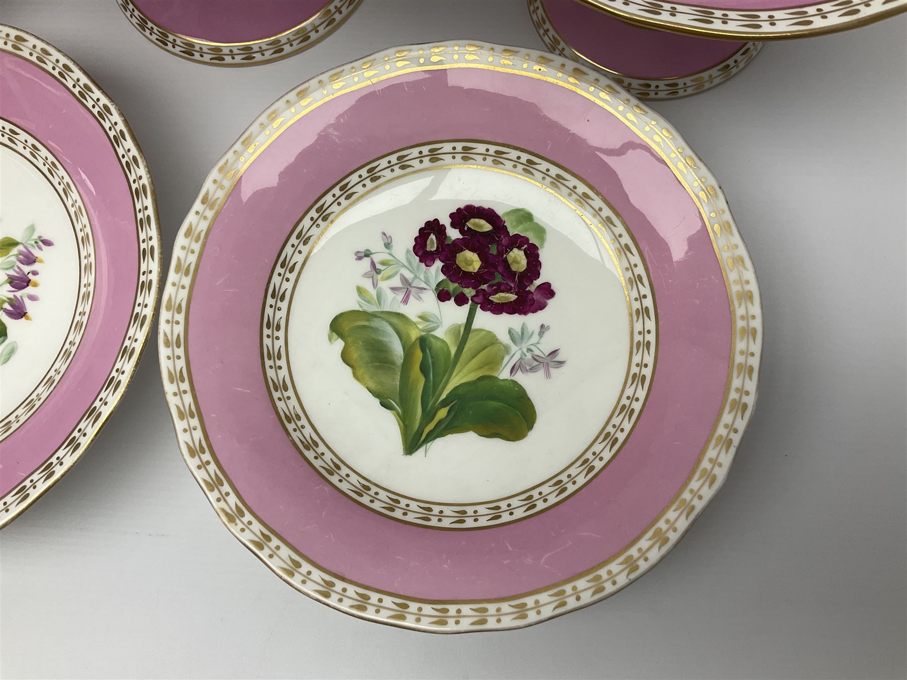 Victorian Copeland, Botanical dessert service, decorated with floral sprigs to the centre with a pink and gilt border, comprising five comports and seven plates, largest comport H20cm, plate D22cm