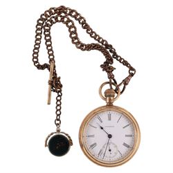Gold plated Waltham open faced pocket watch, with base metal albert chain and plated bloodstone fob