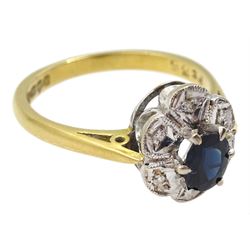 18ct gold oval sapphire and diamond cluster ring, Birmingham 1967, sapphire approx 0.40 carat 