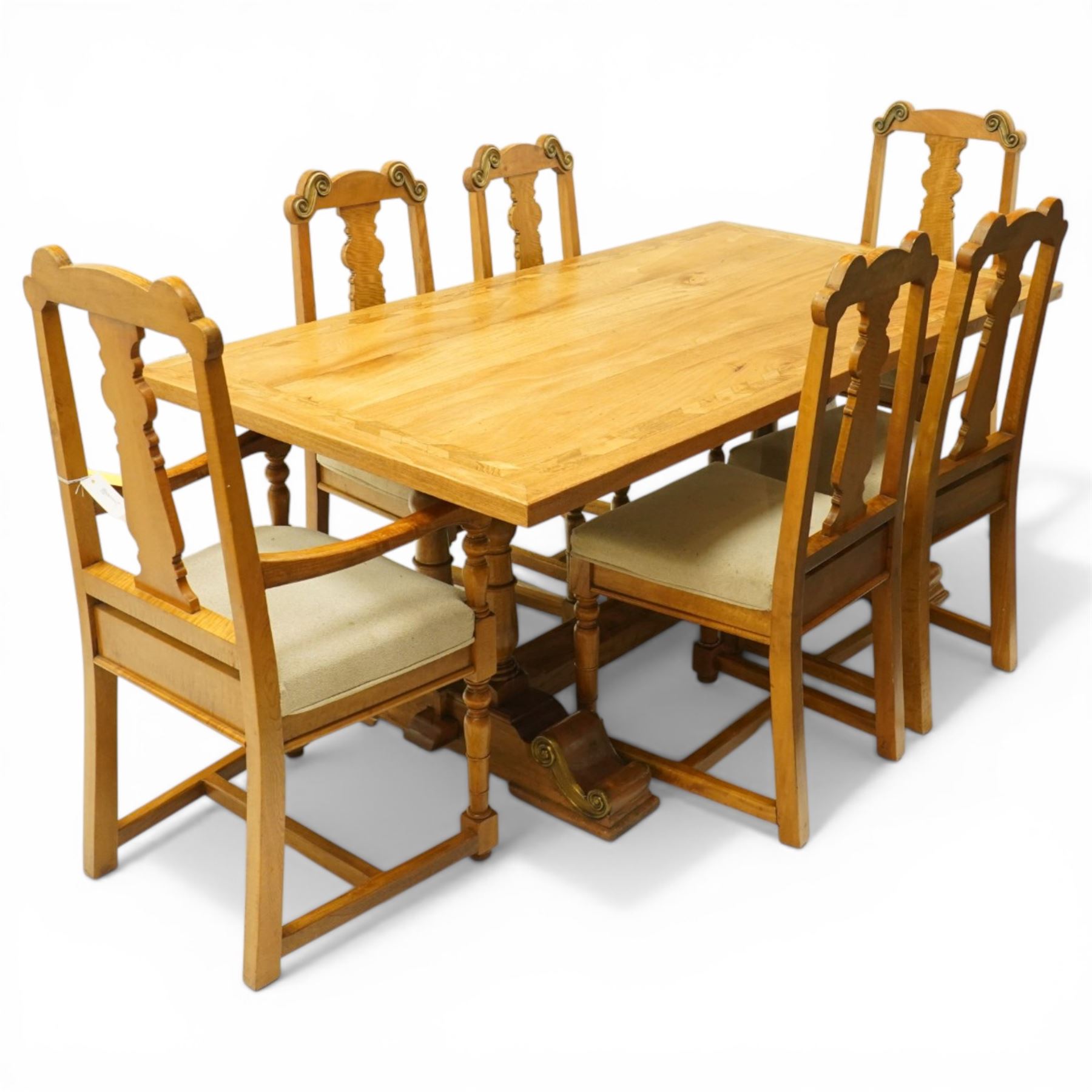 Baker Furniture - 'Baluster' range mango wood dining suite, comprising a refectory dining table raised on twin pillars with scrolled bases, with six chairs including two carvers, with gilt mounts and neutral upholstery