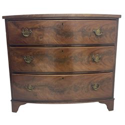 19th century mahogany bow-front chest, fitted with three graduating drawers, on bracket feet