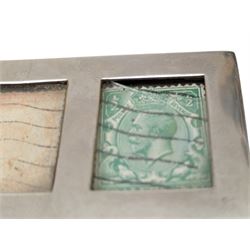 Two three division stamp boxes, the first with enamelled ladybird decoration and engraved initials to the inside of the hinged cover, the second with glass cover showing three King George V stamps