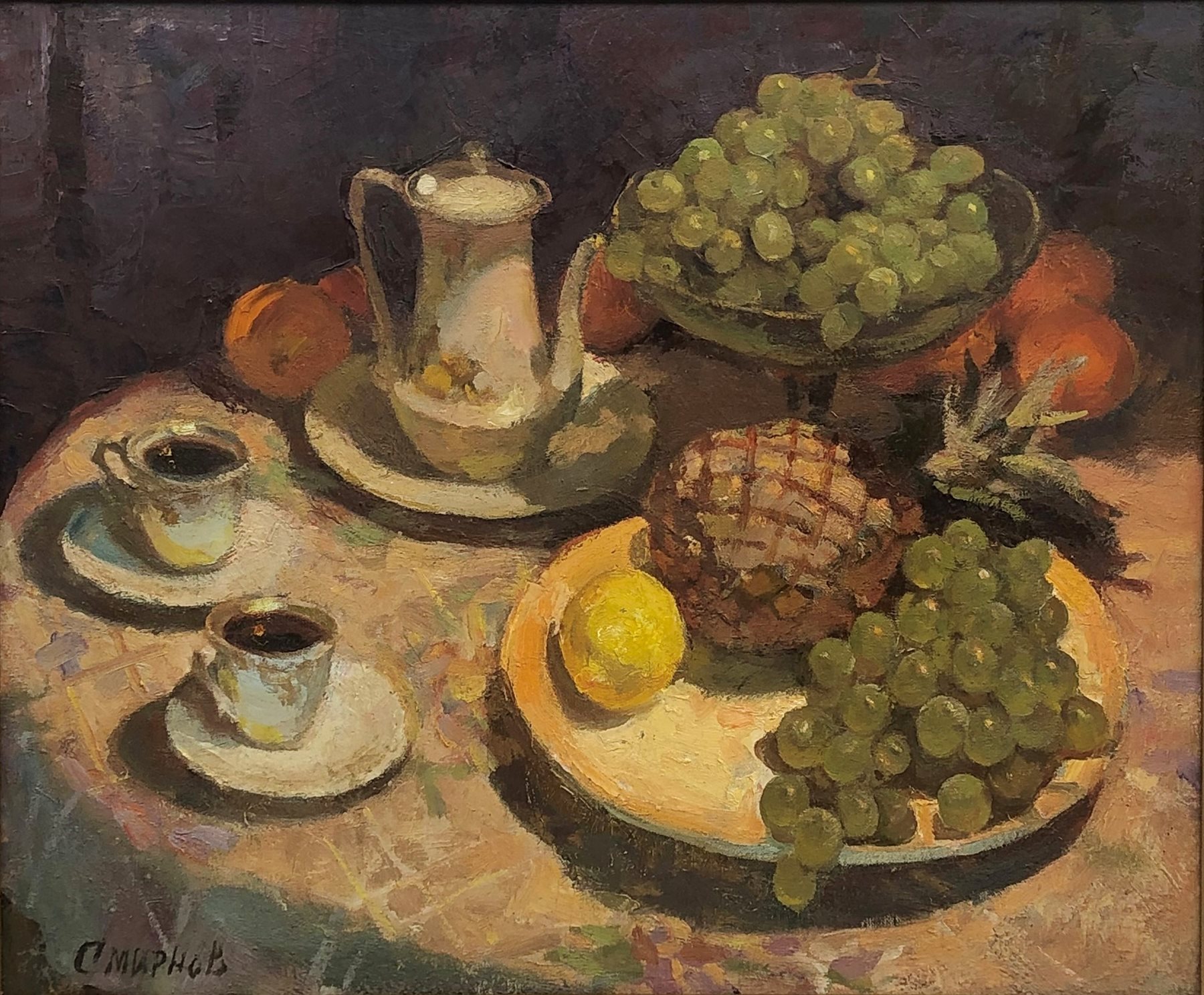 Valentin Smirnov (Russian 1927-2009): Still Life with Pineapple and Grapes, oil on canvas signed 49cm x 58cm