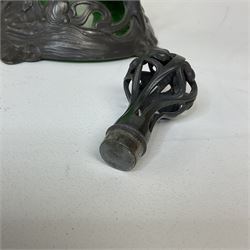 Early 20th century WMF Art Nouveau pewter and green glass ewer, of swept cylindrical form, having a pierced stopper and handle of entwined stems and berry design, the base cast as water nymphs with flowing hair and lily pads, H38cm