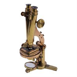 19th century brass binocular microscope by R&J Beck, 31 Cornhill London, numbered 6386, with rack and pinion focusing, housed in wooden case with case of accessories, including eyepieces, objective lenses and condenser