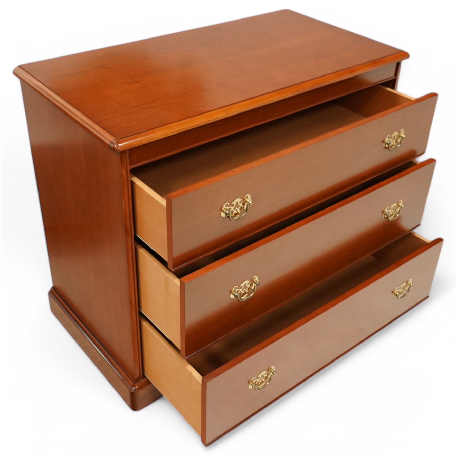 Stag - 'Carolina Cherry' three drawer chest (L 84cm, D 43cm, H 72cm); tall pedestal chest with hinged mirror top(L 53cm, D 43cm, H 104cm); bedside chest (L 53cm, D 43cm, H 72cm)