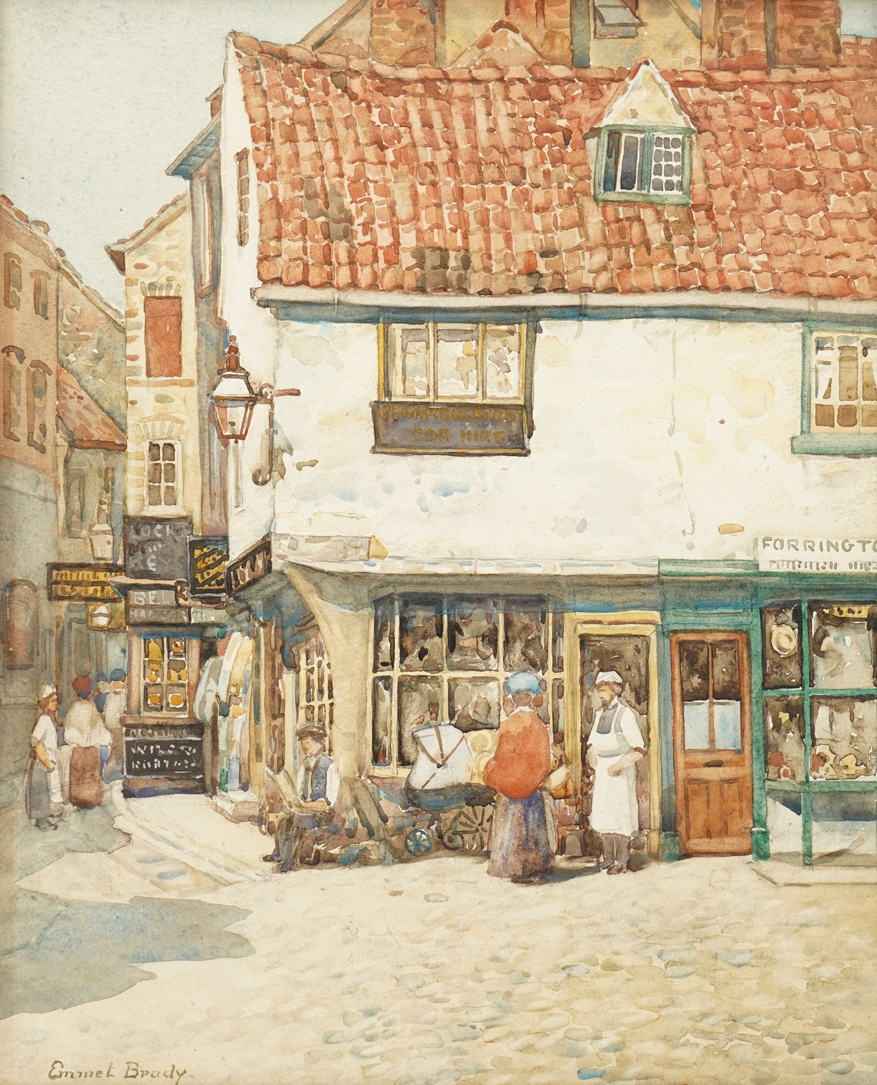 Emmet Brady (Scottish 1846-1933): 'A Corner Shop' Jubbergate - York, watercolour signed, titled on original label verso 31.5cm x 25.5cm