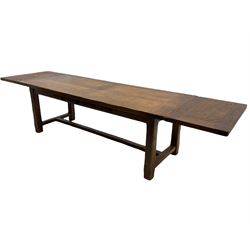 Antix French oak dining table with two leaves, two frieze drawers;, and six ladder back chairs with rush seats