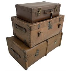 Collection of three 20th century travelling trunks, the largest - W85cmm D53cm, H35cm