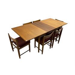 Bath Cabinet Makers BCM - mid-20th century teak extending dining table with butterfly action leaf, on shaped tapering supports (198cm x 92cm x 94cm), BCM - set six teak dining chairs with bar back and upholstered seats (48cm x 45xm x 73cm)