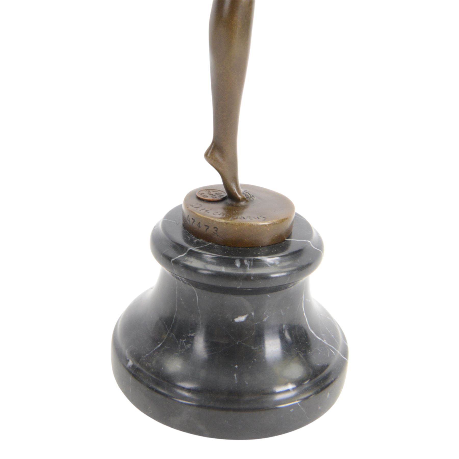 After Dimetri H Chiparus; Art Deco style bronze, modelled as a dancing flapper girl, upon black marble socle base, overall H40cm