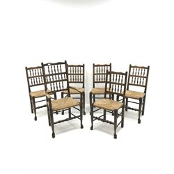 Set of six (5+1) ash and beech Georgian style dining chairs, spindle back, rush seat,  turned supports joined by stretches, pad feet 