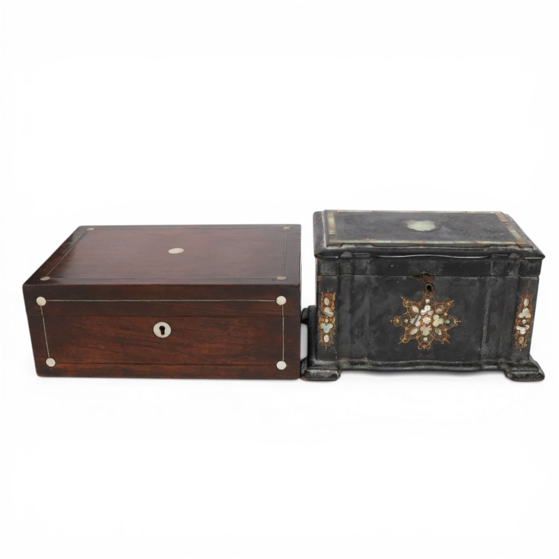 Black lacquered tea caddy with mother of pearl inlay, together with another box with mother of pearl inlay
