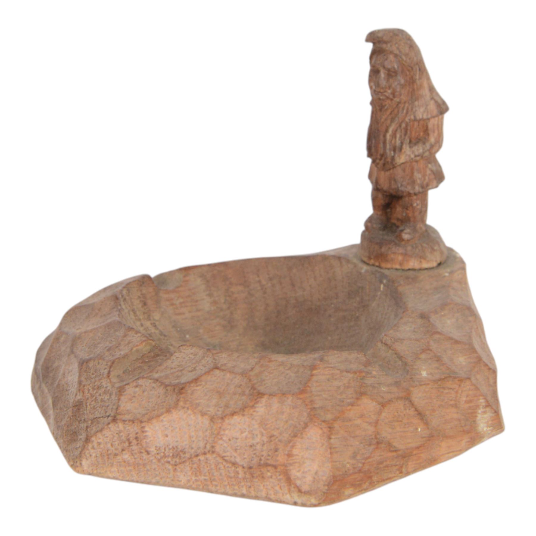 Gnomeman - tooled oak ashtray, hexagonal form with carved standing gnome signature, by Thomas Whittaker of Littlebeck, W12cm