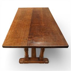 Mouseman - 1937 refectory table, Sir Herbert Baker commission for Westminster Church House, the rectangular adzed plank top above twin octagonal baluster supports united by a pegged stretcher, raised on shaped sled bases carved with a partridge and a loaf of bread, with carved mouse signature to inside leg, by Robert Thompson of Kilburn

The carved loaves reference the original patron, while the partridges are thought to represent Frank Partridge, Bishop of Portsmouth from 1877 to 1941, who played a key role in the founding of Church House and served as its Secretary from 1936 until 1941

Reference
Christie’s ROBERT “MOUSEMAN” THOMPSON; Refectory Table, Lot 188, sold at Christie’s London, commissioned by Sir Herbert Baker KCIE, RA, architect of Church House (opened 1937). Provenance and description available on the Christie’s website
https://www.christies.com/en/lot/lot-4618786