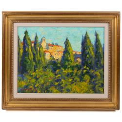 John Mackie (Scottish 1953-): 'The Village of Minerva', oil on canvas signed and dated '99, titled verso 34cm x 44cm 