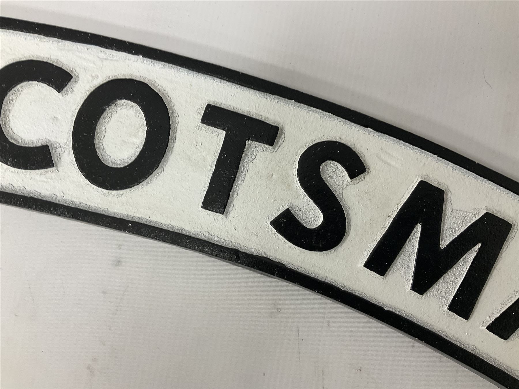 Cast iron Flying Scotsman arched type railway sign, L89cm THIS LOT IS TO BE COLLECTED BY APPOINTMENT FROM DUGGLEBY STORAGE, GREAT HILL, EASTFIELD, SCARBOROUGH, YO11 3TX