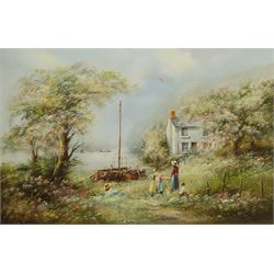 Edward 'Ted' Dyer (British 1940-): Flying a Kite on the Waterside, oil on canvas signed 50cm x 75cm