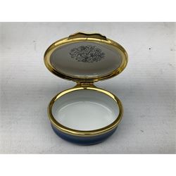Group of seven Halcyon Days enamel boxes, each with affectionate inscriptions, including 'Wild about you', 'Don't ever change', 'Love you a bunch', etc., in six fitted boxes  