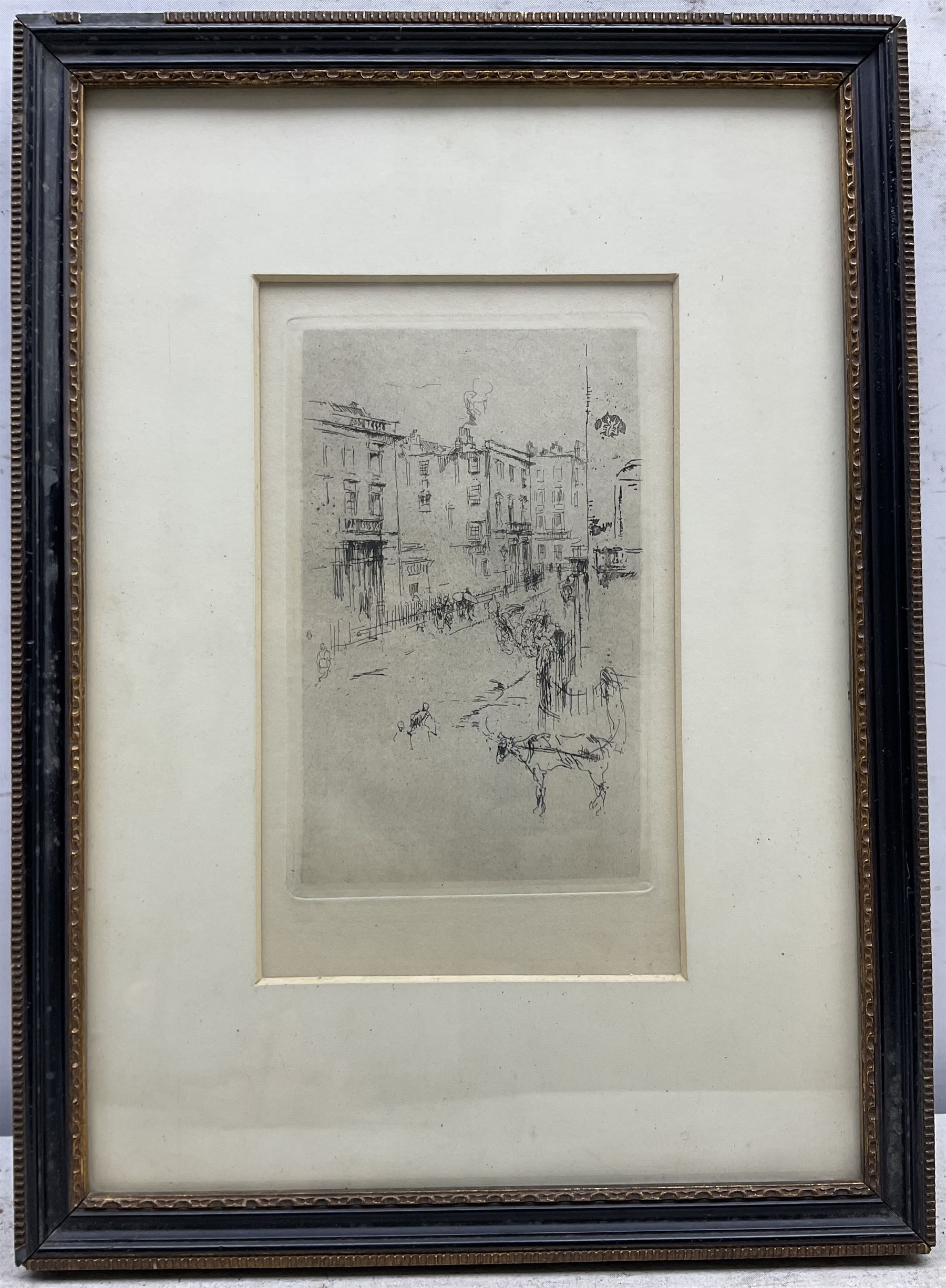 James Abbott McNeill Whistler PRBA (American 1834-1903): 'Alderney Street', drypoint etching signed in the plate with butterfly monogram 20cm x 13cm; 'Study' - Standing Figure, facsimile lithograph, after the original in the Metropolitan Museum of Art 23cm x 15cm (2)